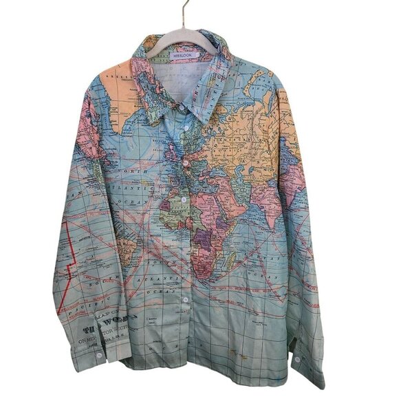 MissLook Novelty World Map Print Linen Button Down Shirt Size 3X - Picture 2 of 7